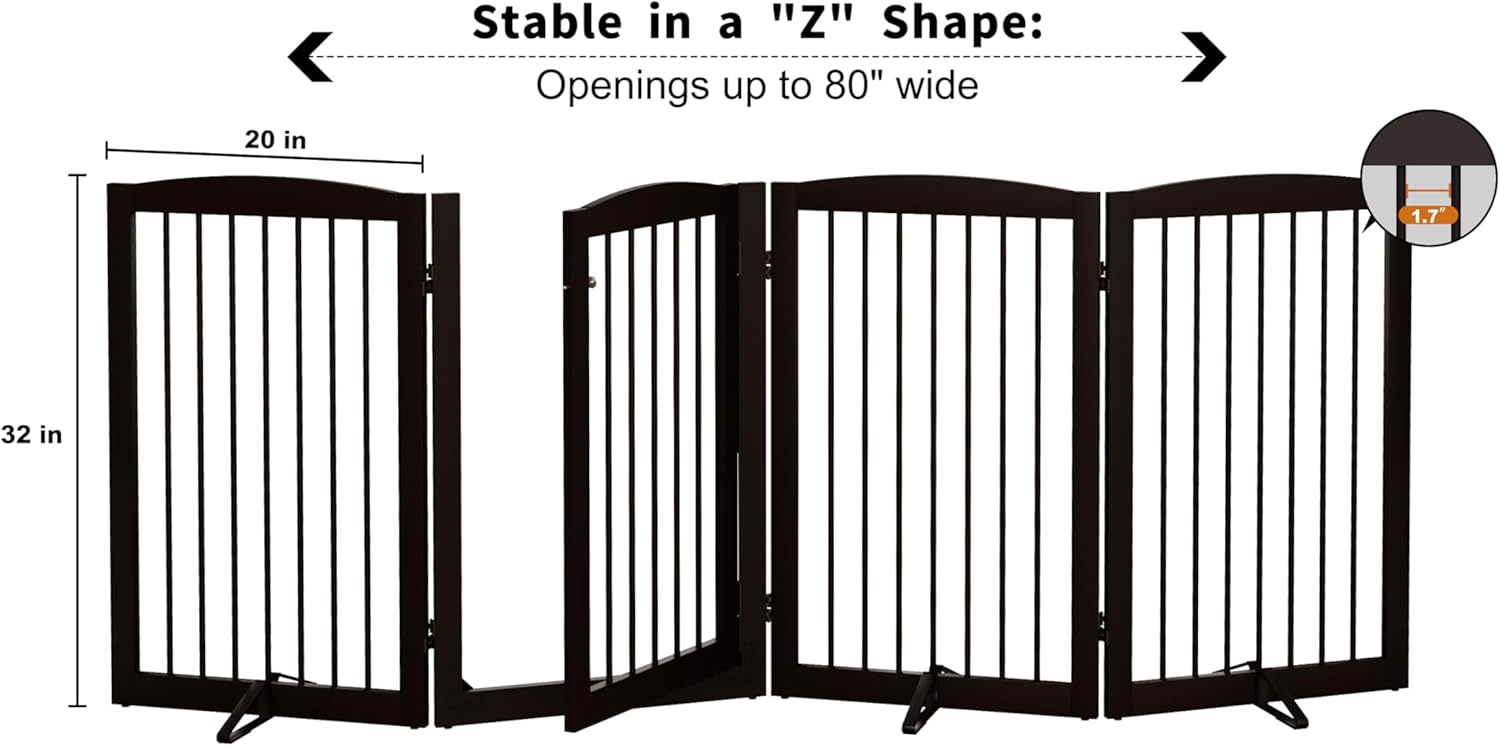 Freestanding Dog Gates with Door Walk Through, 80 inch Wide Gates Indoor, Dog Fences Indoor, Support Feet Included, 4 Panels, 32 Tall, Dark Brown